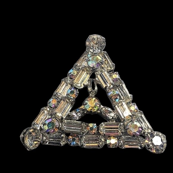 Vintage Triangle Rhinestone Brooch Clear Aurora Borealis Art Deco Style - Picture 1 of 6